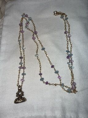 Intaglio fob seal pendant on gold Necklace with Purple and Light Blue Beads